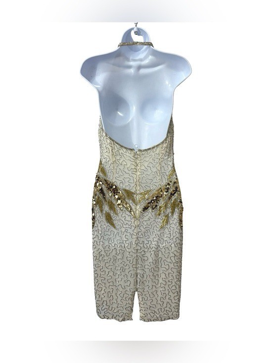 VTG NITE Lime 100% Silk Beaded 90s Showgirl Sequin Beige Gold Dress Size 8