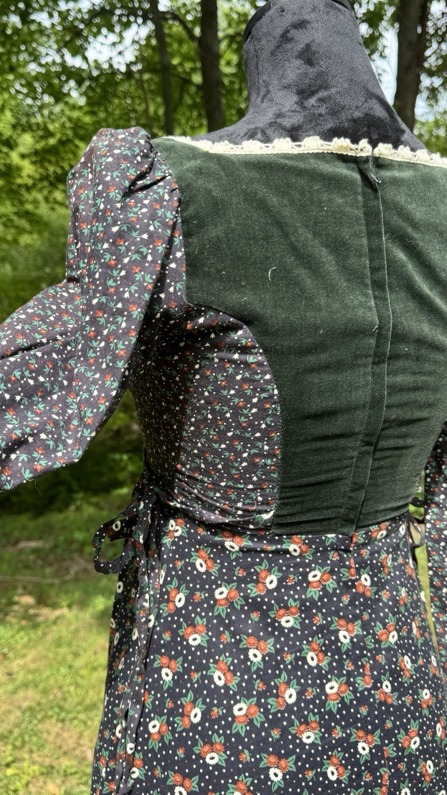Gunne Sax Gunne Sax green velvet + floral print dress with lace up corset Small