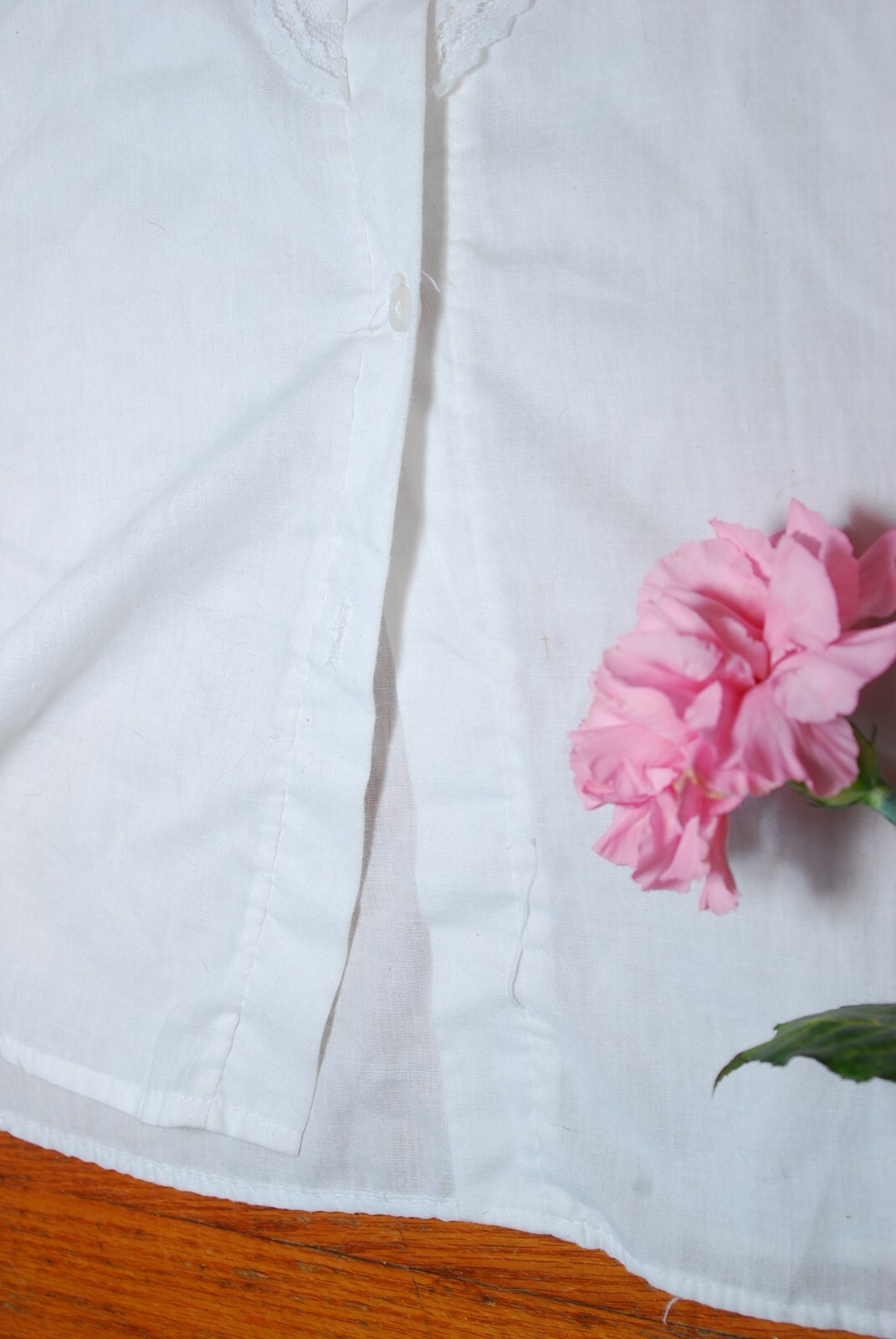 1970s Prairie Top White Ruffle Lace High Collar Victorian Button Up M L