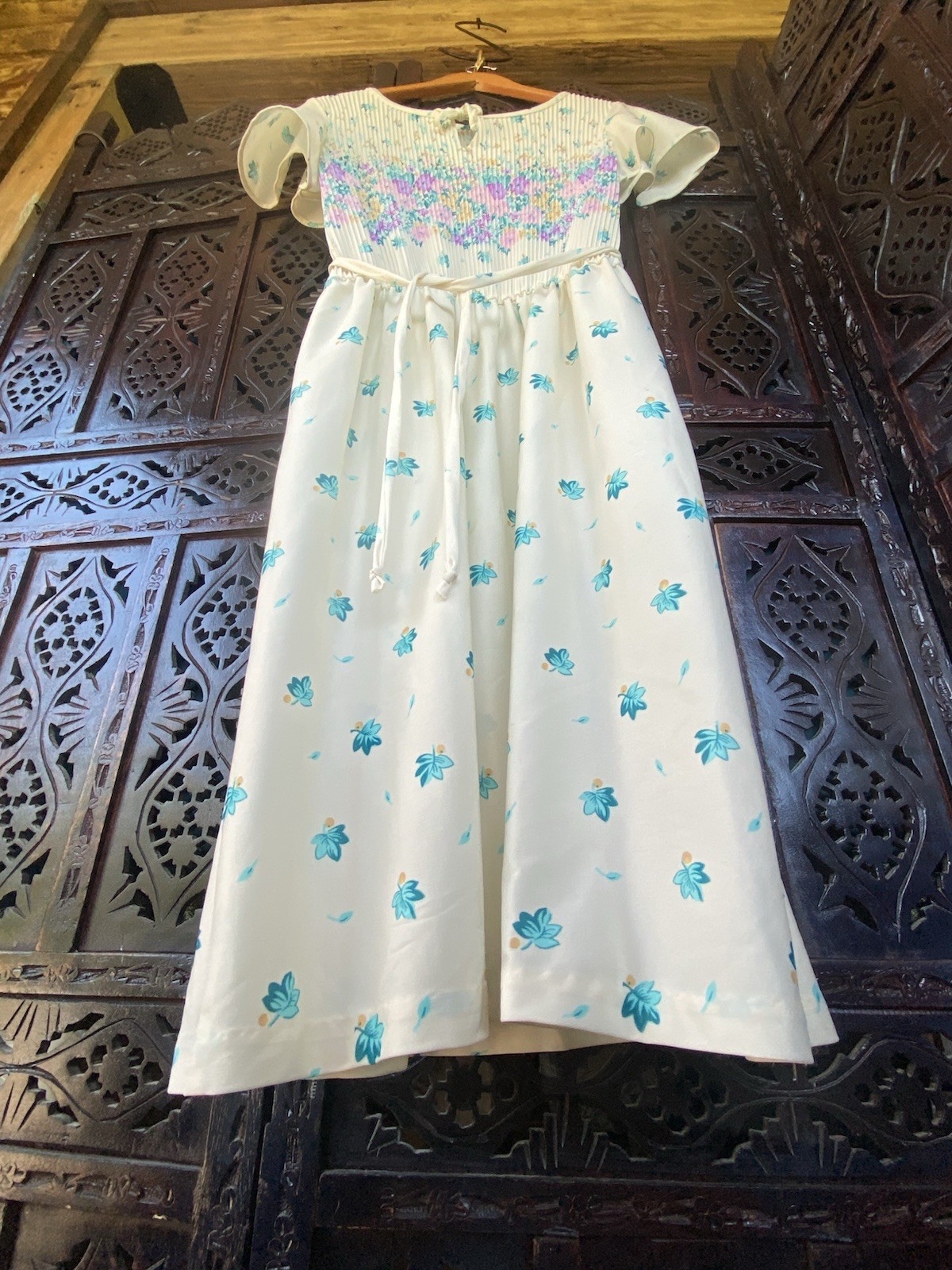 VTG Handmade Floral Leaf Pleated Dress Womens S/M Pastel Cottagecore Prairie S/S