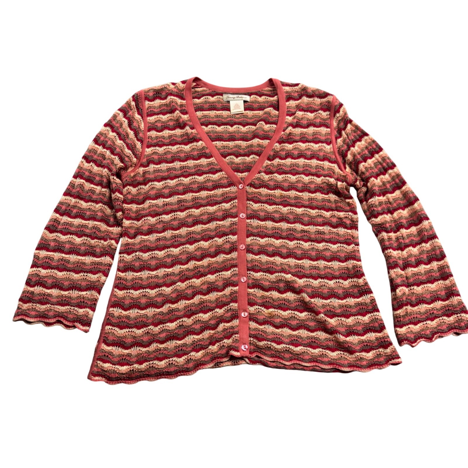 Tommy Bahama VTG Coral Silk Chevron Knit Lightweight Cardigan S/L Retro Y2k