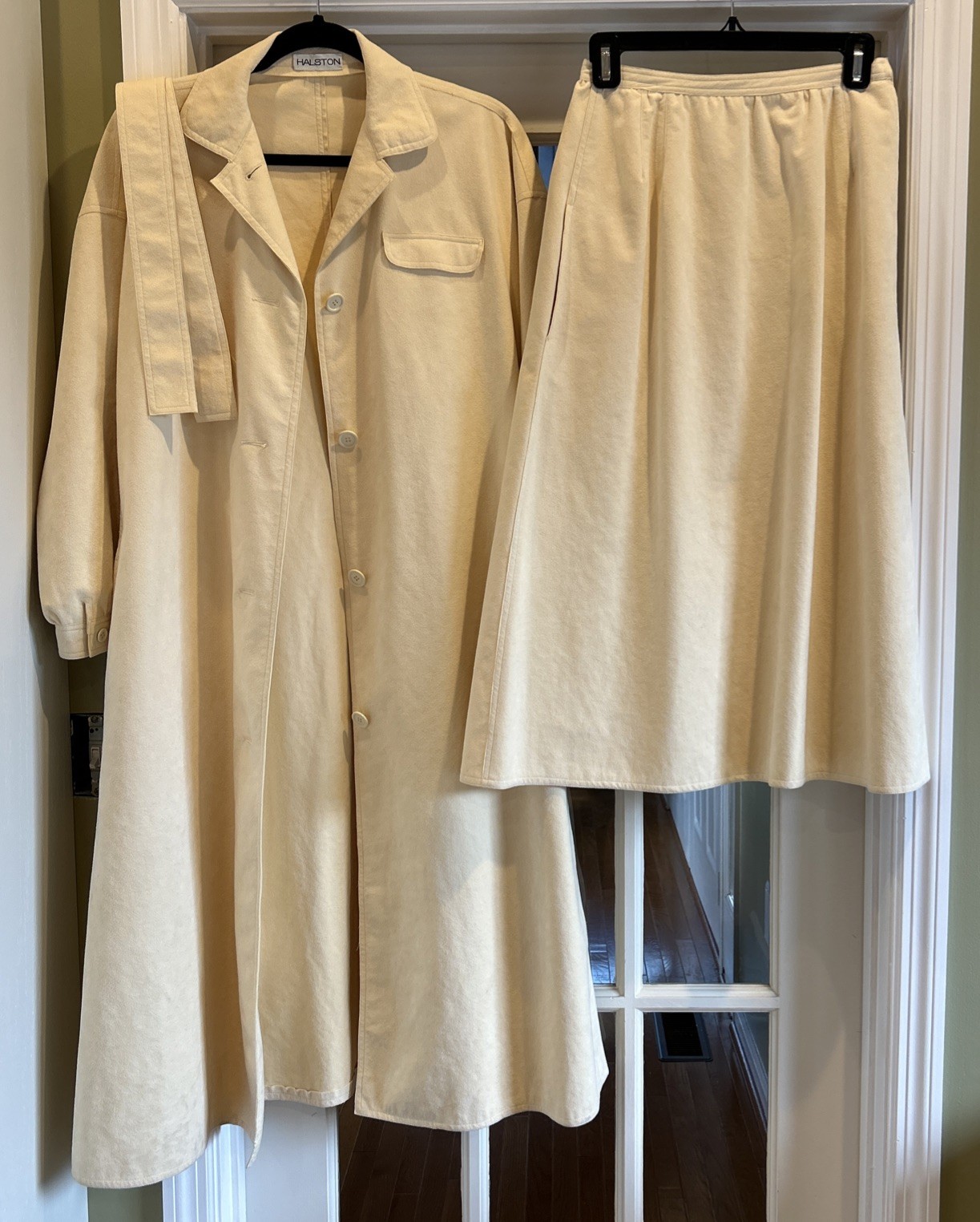 Vintage Halston Set-Cream Ultrasuede Coat With Belt And Matching Skirt 1970s