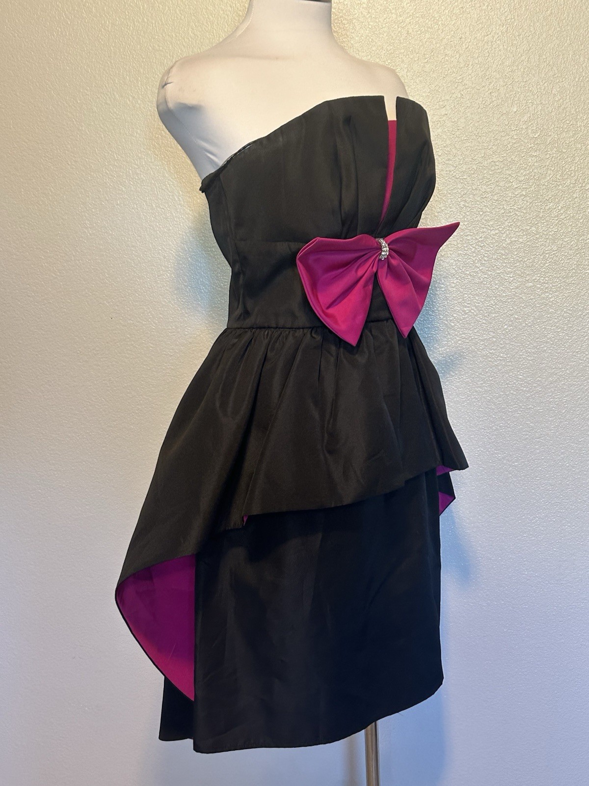 80’s Vintage Huey Waltzer Darcy Dress Party Cocktail Bow Strapless Glam Sz S/M