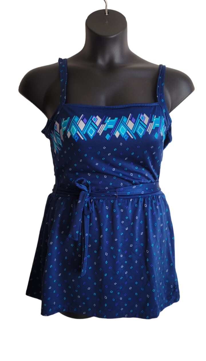 Vtg Rose Marie Reid One Piece Blue Skirt Geometric Swimsuit Women’s 16 – 1970’s