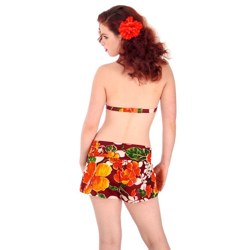 VTG 70s Hawaiian Bikini Set Halter Bra + Boy Leg Shorts Retro Swim S/M