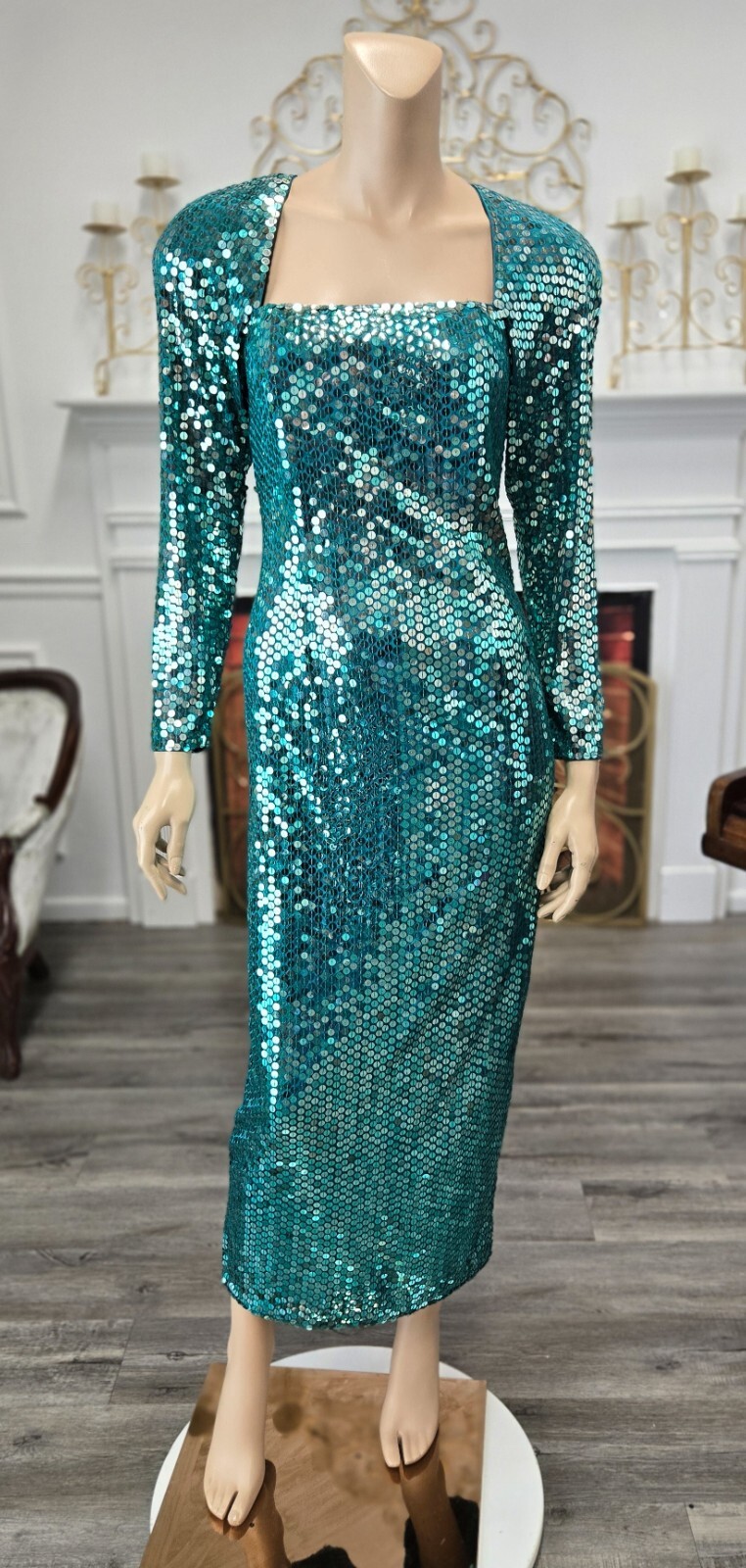 Lillie Rubin Vintage 80s Teal Sequin Pageant Prom Party Formal Dress sz 10