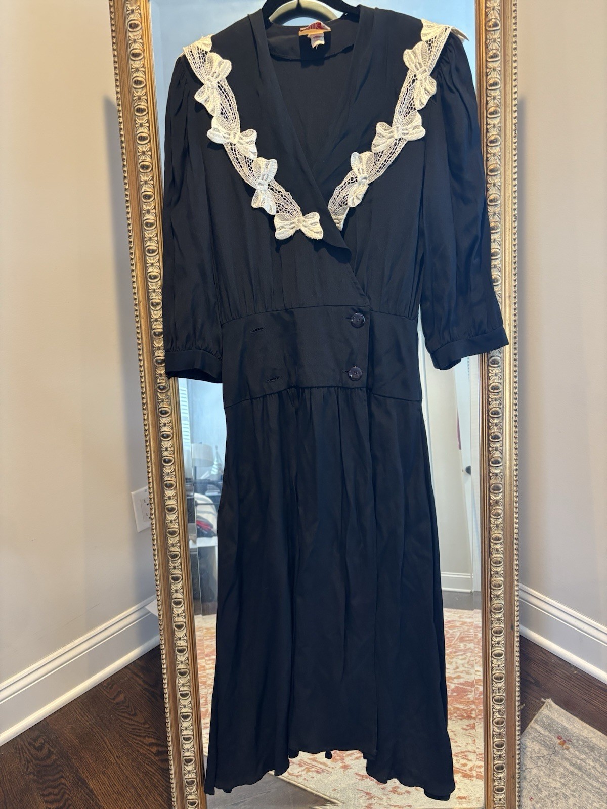 Vintage Katie 80’s Dress, Black Sailor Style With Lace Bows, 8
