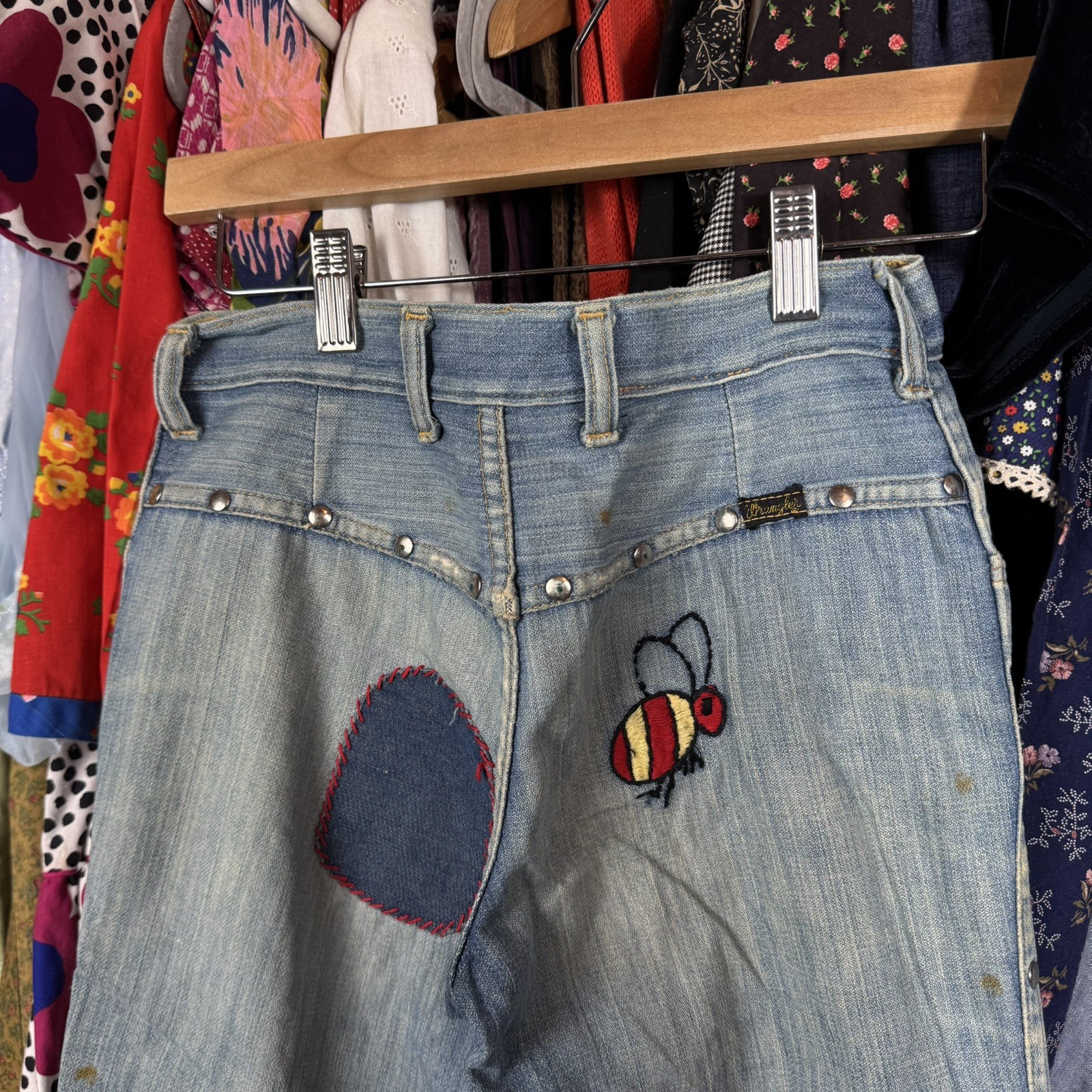 True Vintage 60s 70s Wrangler Bell Bottoms Ladybug Patched Denim Jeans 27×30