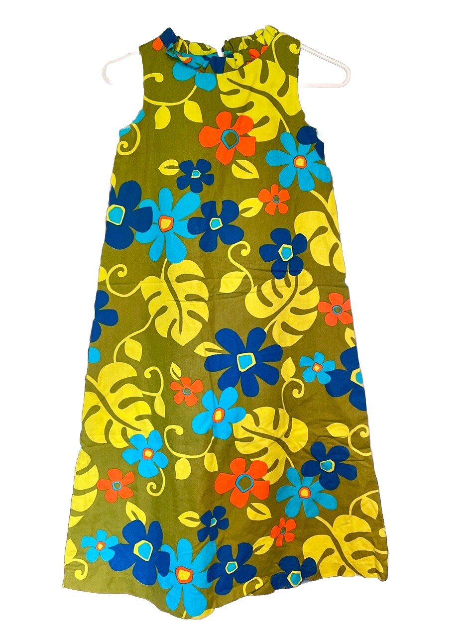 Vtg Hawaiian Shift Dress Green Floral Junior Size 8 60s 70s