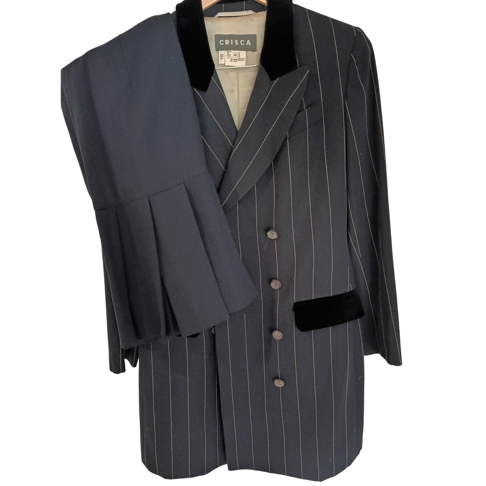 Crisca Vintage Wool Pinstripe Skirt Suit Navy Blue Velvet Trim Made Germany 40