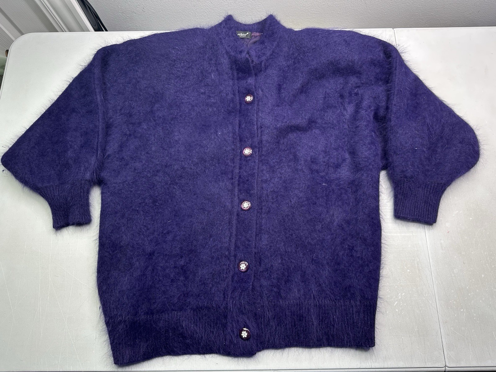 Vintage BIG STAR Keo Sung Fuzzy Cardigan Sweater Gray Angora PURPLE Sz L/XL