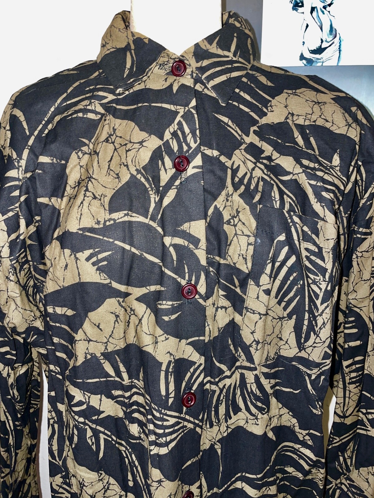 VTG 90’S BLACK&TAN COTTON PALM PRINT OVERSIZED LAGEN LOOK BUTTON UP SHIRT*M/L