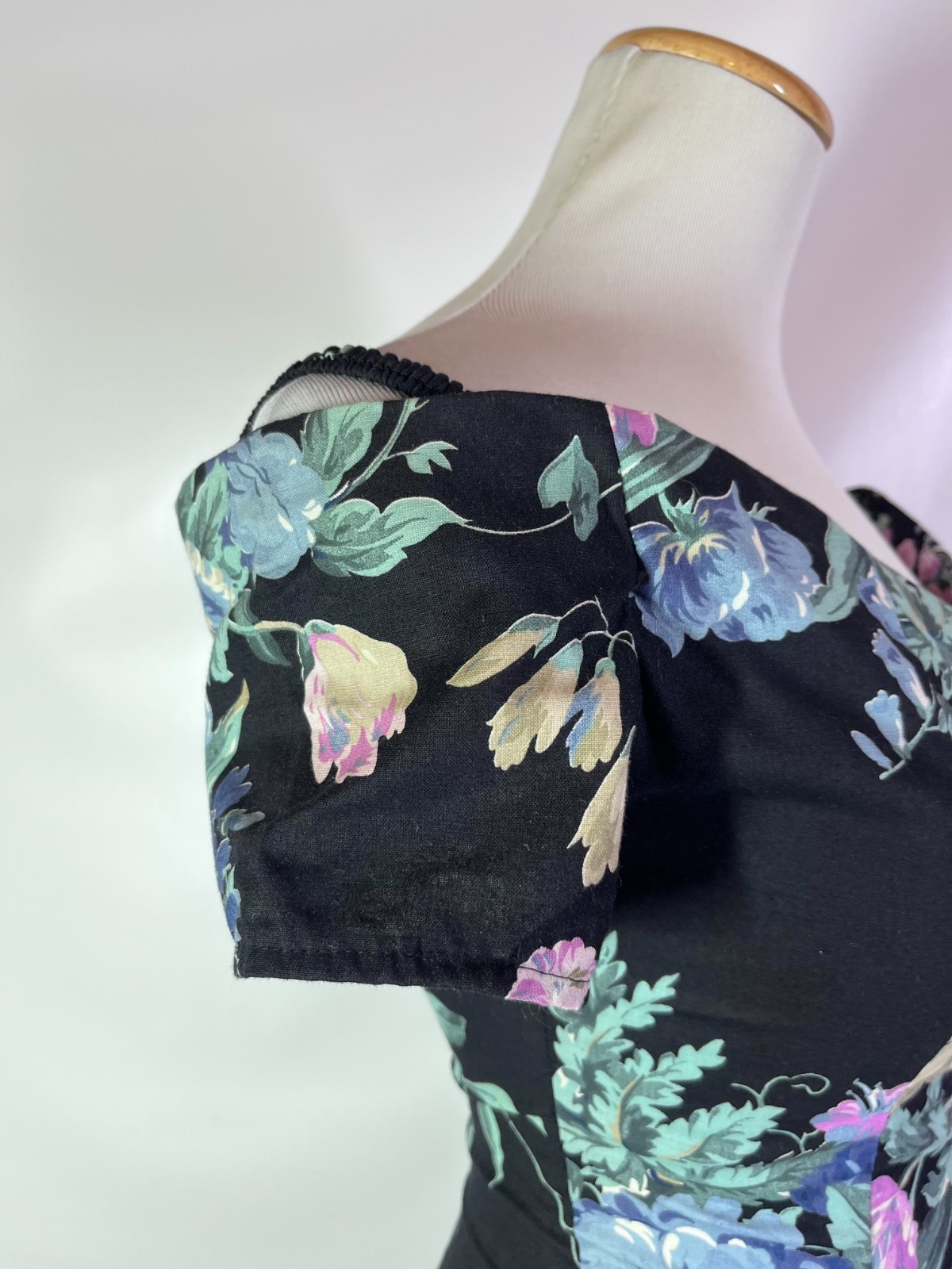 Vintage 1980s Byer Too! Size 5 Black Floral Tea Dress Off-the-Shoulder V-Waist