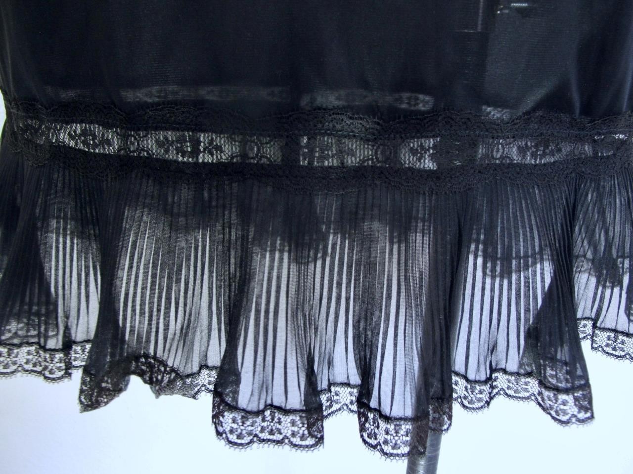 Vintage Youth Form Black Nylon Opaque Full Slip 36 Chiffon Crystal Pleats Ruffle
