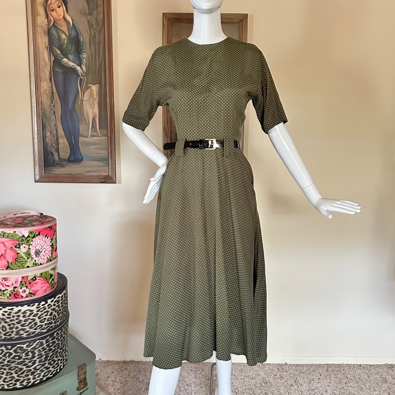 Vintage 1980s New Wave does 50s Olive Green Polka Dot Lucy Day Dress S