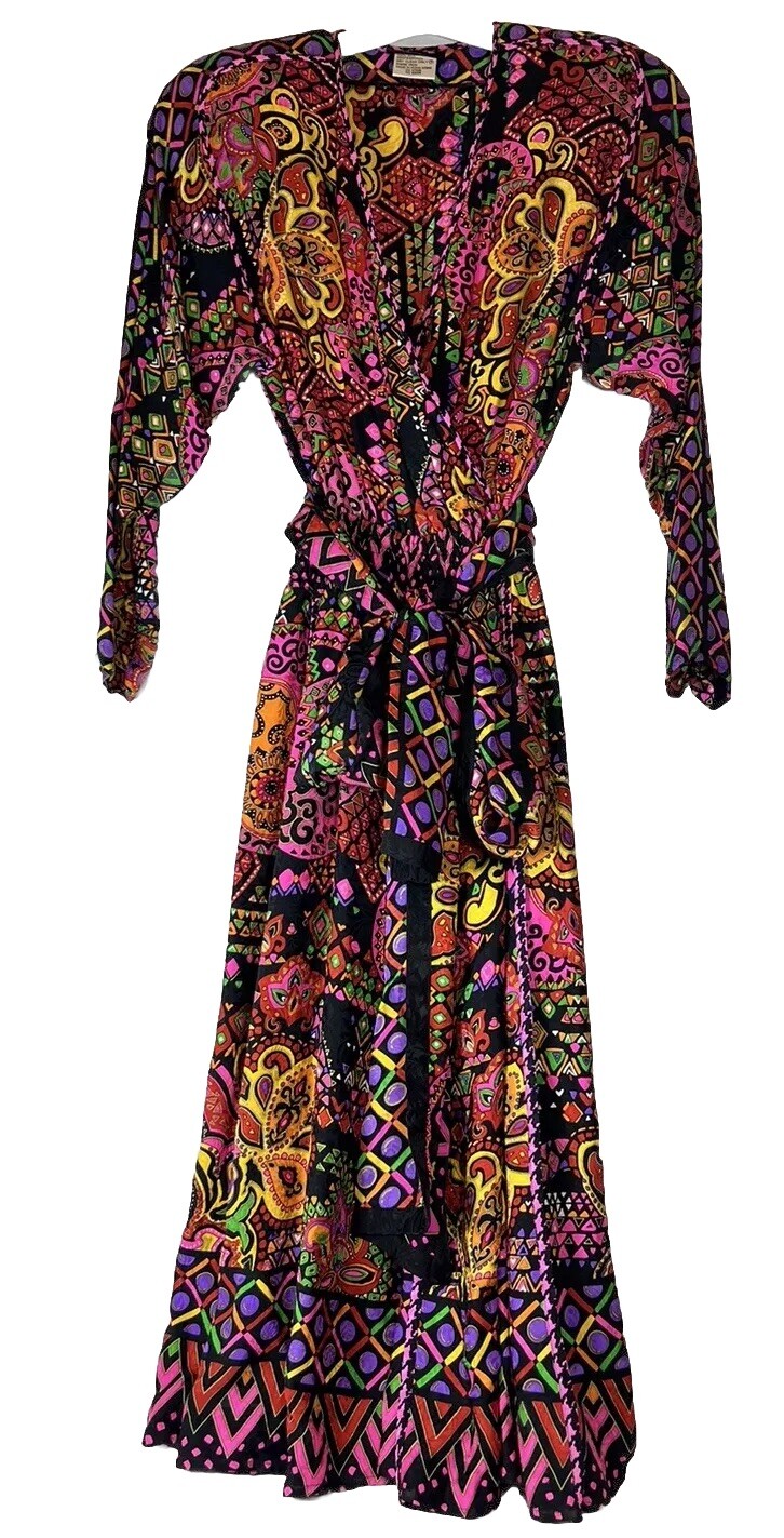 DIANE FREIS Original Vintage 1980s Multi-Color Print Midi Dress 100% Silk