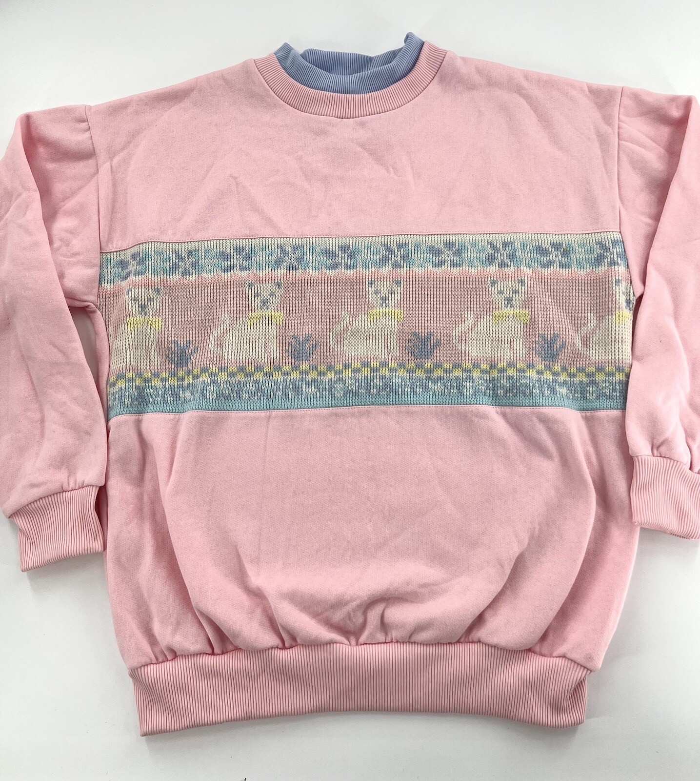 SIMPLY BASIC Vintage 1990’s Pastel Pink Needlepoint Cat Fleece Sweatshirt Sz L