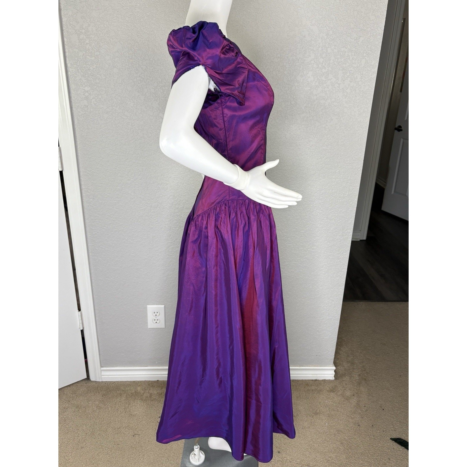 Vintage 80s Alfred Angelo Midi Dress Puff Slv Iridescent Purple Taffeta Prom S
