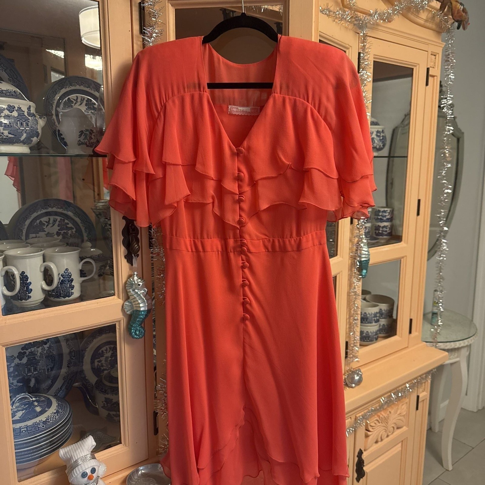 Holly Harp Vintage 1970s/1980s Coral Tiered Silk Chiffon Dress