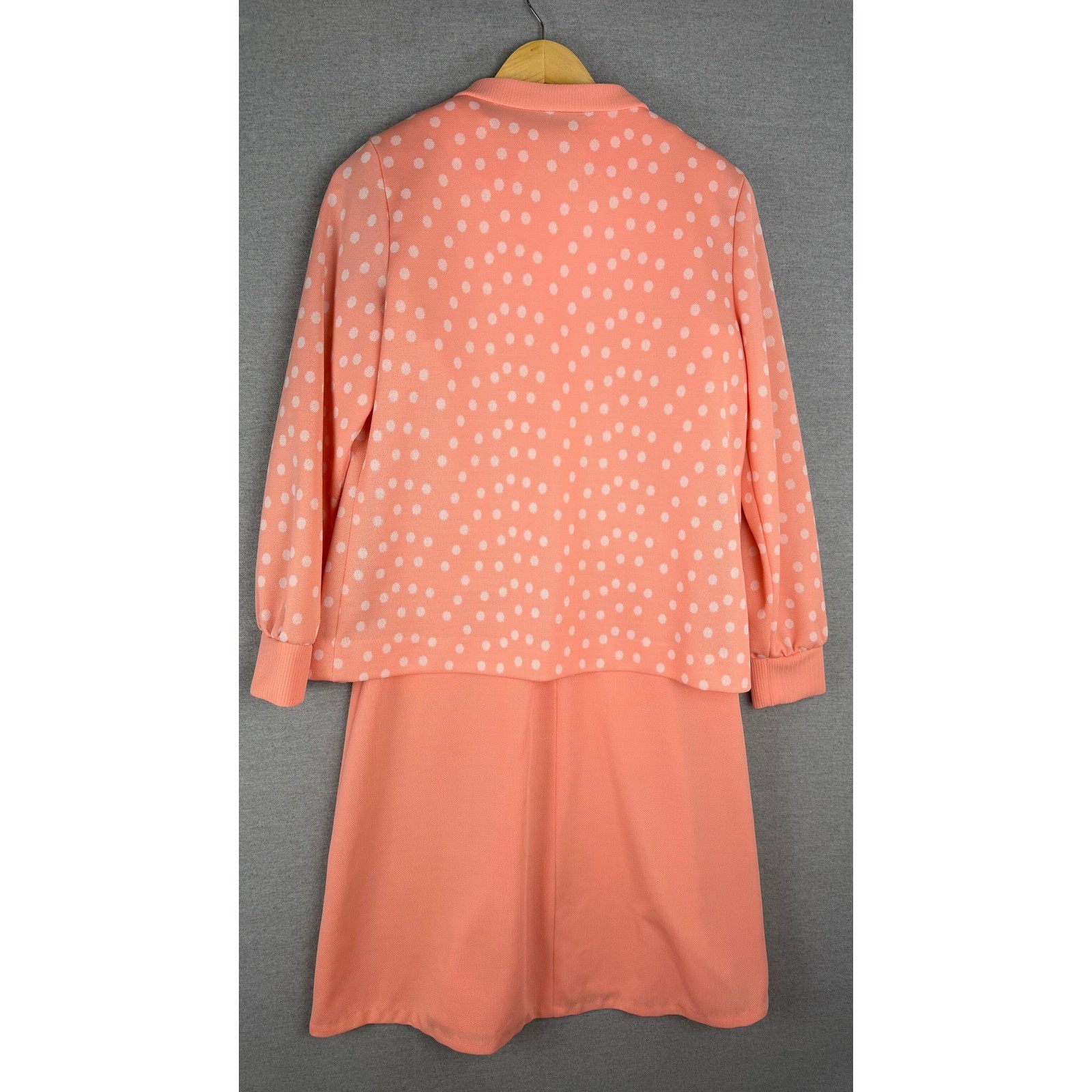 Vintage 1950s 60s Peach Polka Dot Dress and Cardigan Set Retro Mod 2 Piece