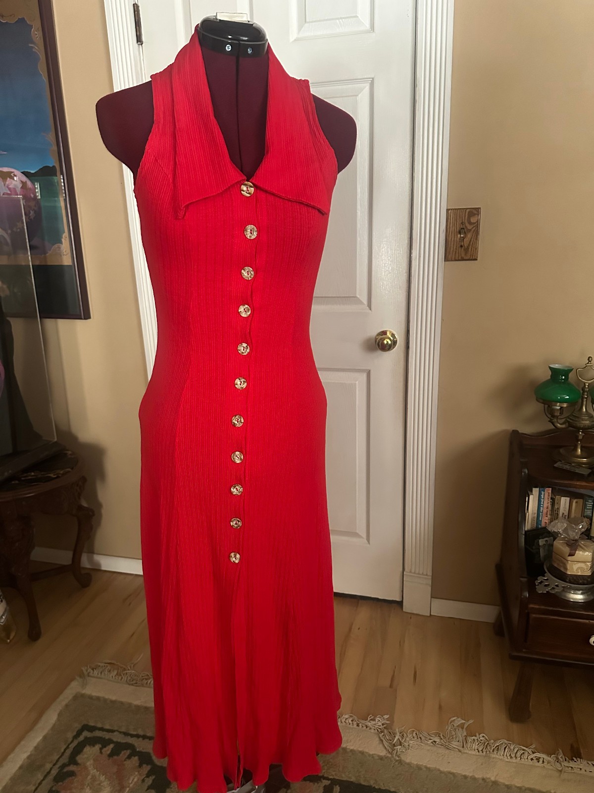 Vintage 100% Cotton Womens Button Front Maxi Dress Red Classic Sundress XS