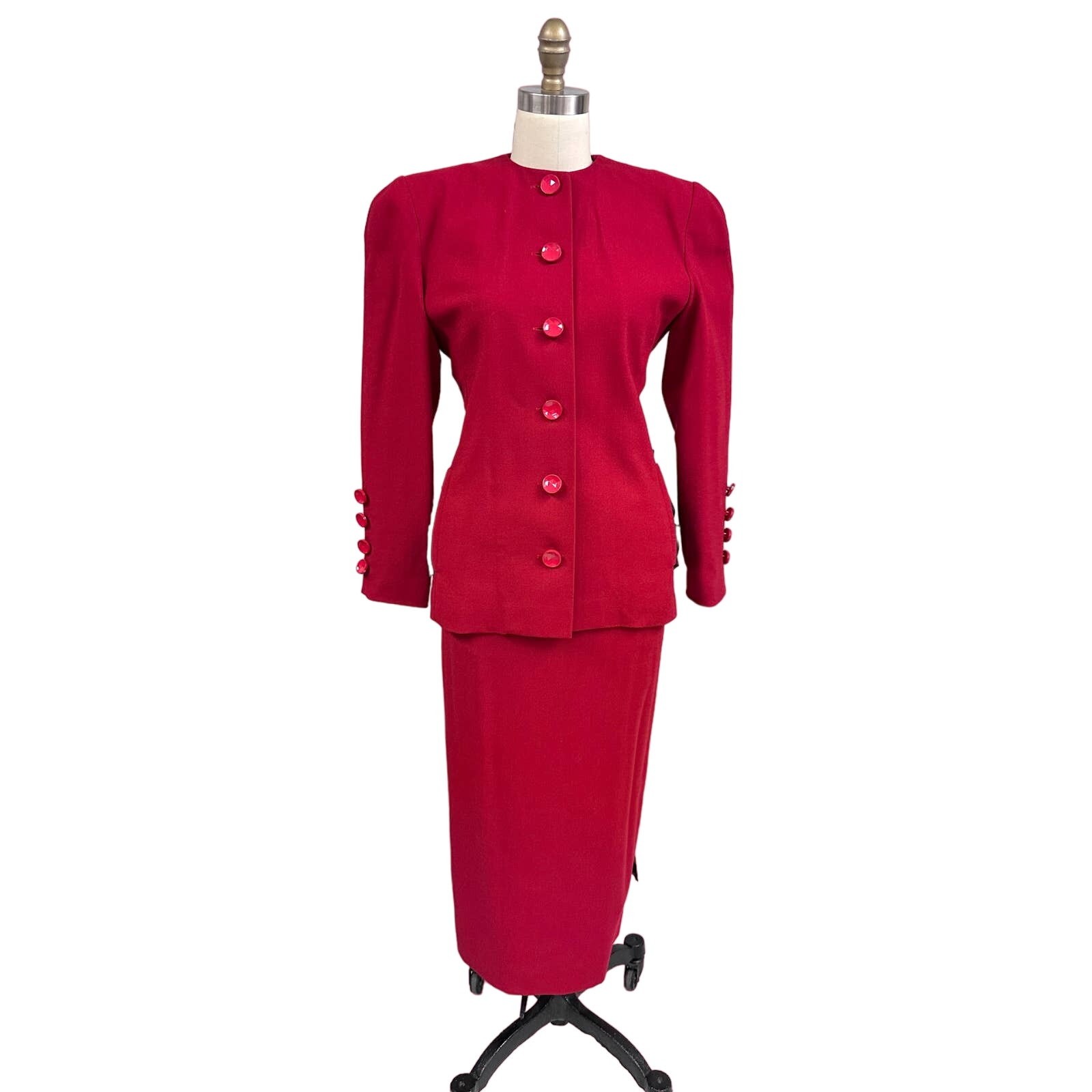 VTG 80s Red Wool Power Suit Black Bow Bustle Pencil Skirt Femme Fatale 4