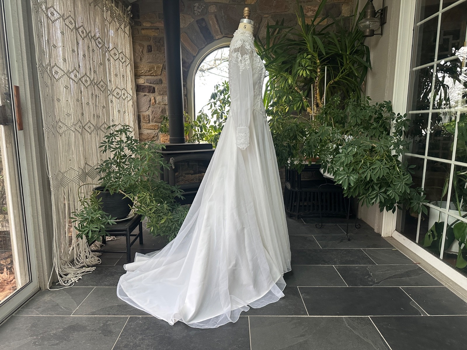 Vintage 1970s White High Neck Nylon Chiffon and Lace Wedding Gown