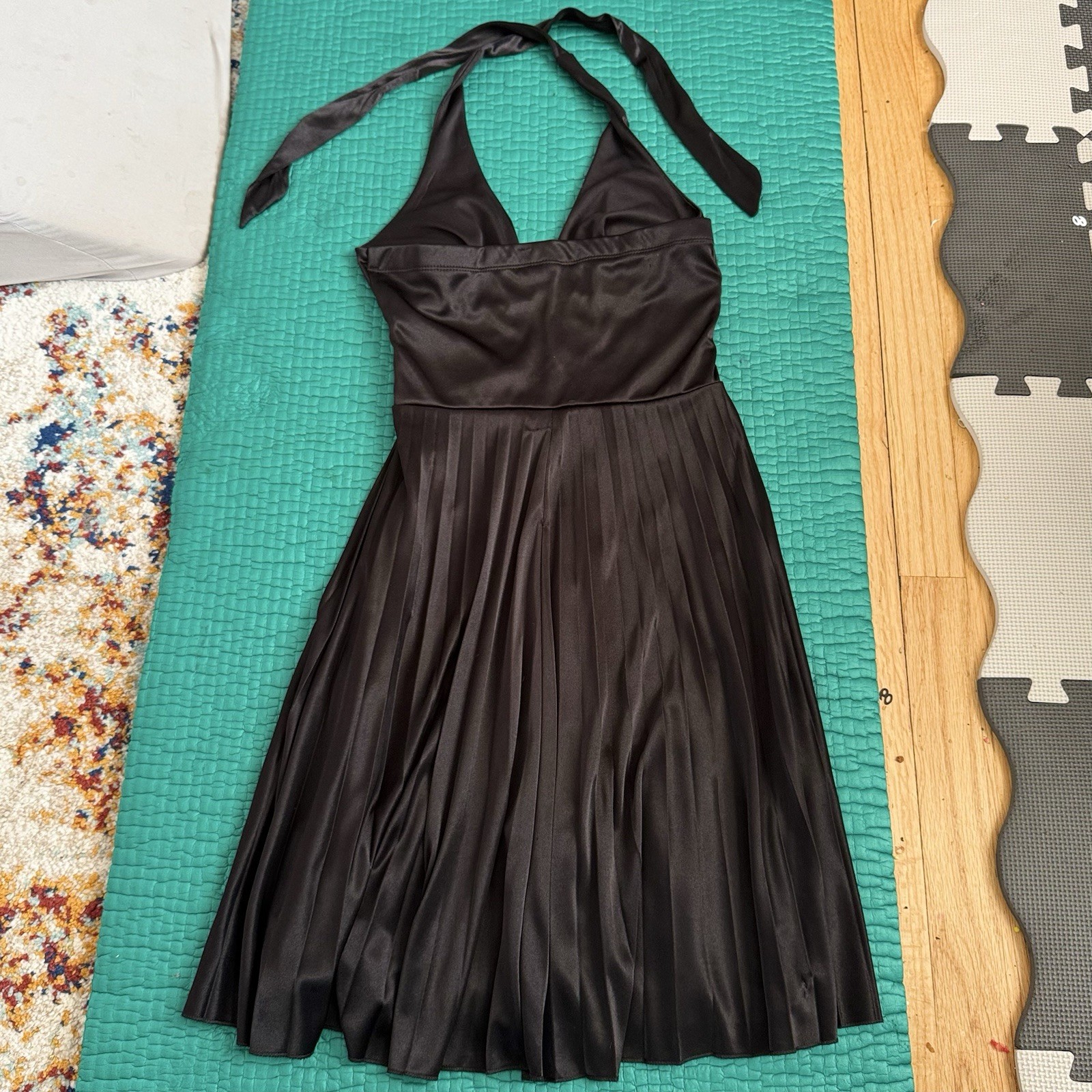 Vintage Y2K Speechless Midi Party Dress Halter Pleated Satin Black Sz S 2000s