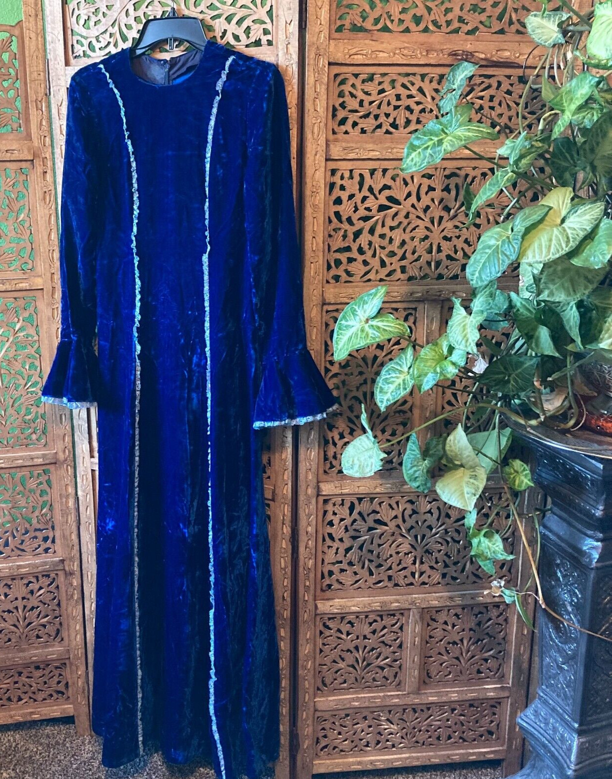 Vintage Velvet Royal Blue Downton Abbey Dinner Dress Bell Sleeve Full Length