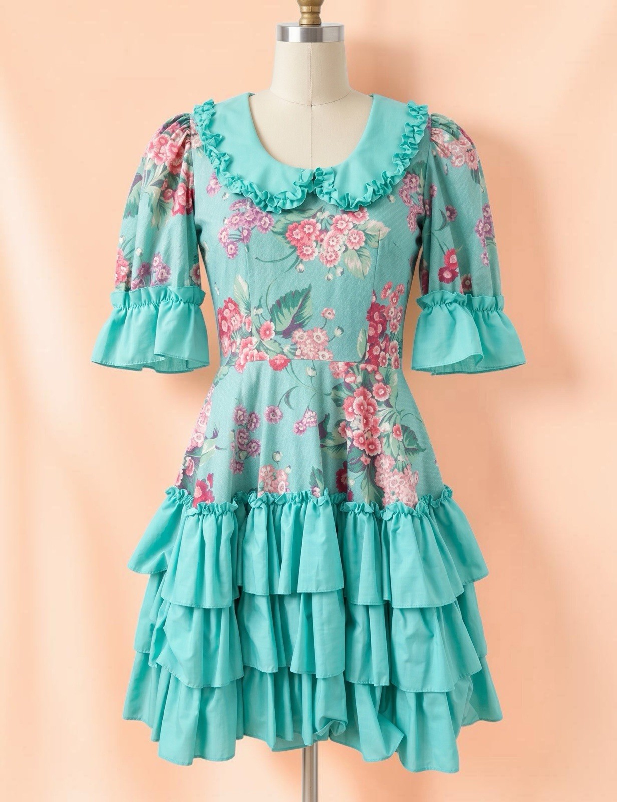 80s Vintage Floral Prairie Dress Teired Ruffle Hem CottageCore Tea Party Sz 10