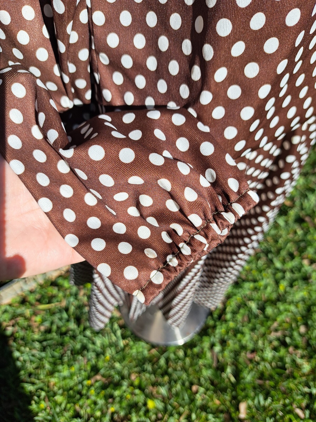 Vintage 70s Brown and White Polka Dot Puffy Dress S/M Long Flow Skirt