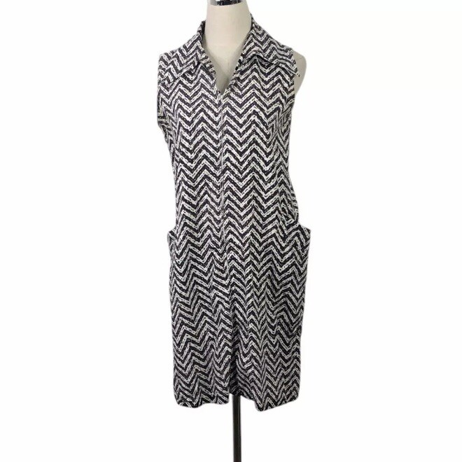Vtg 60s Go-Ins Danville Jumper Size Medium Brown White Zig Zag Stripe Zip Front