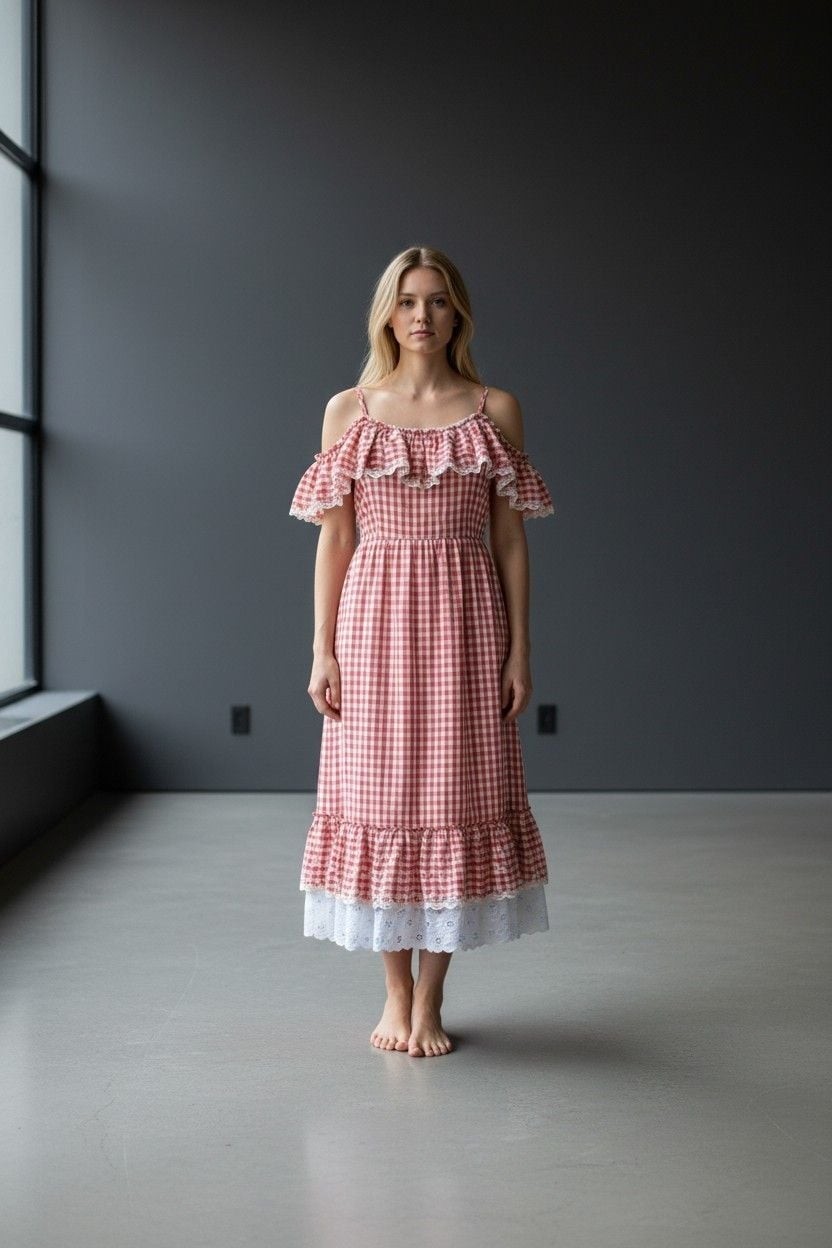 Vintage ALMOR New York Red Gingham Cottagecore Dress Eyelet Lace