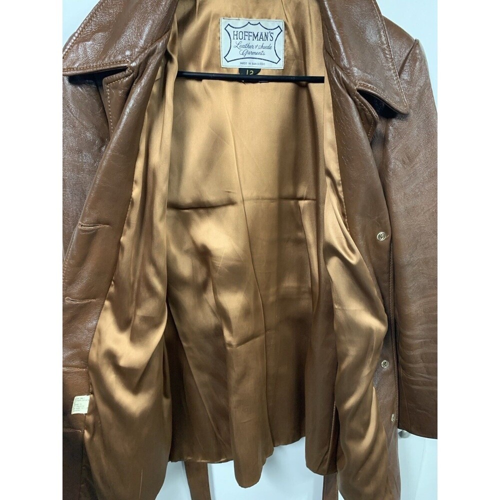 Hoffmans Vintage Brown Leather Satin Lined Womens Belted Jacket 70s Size 12