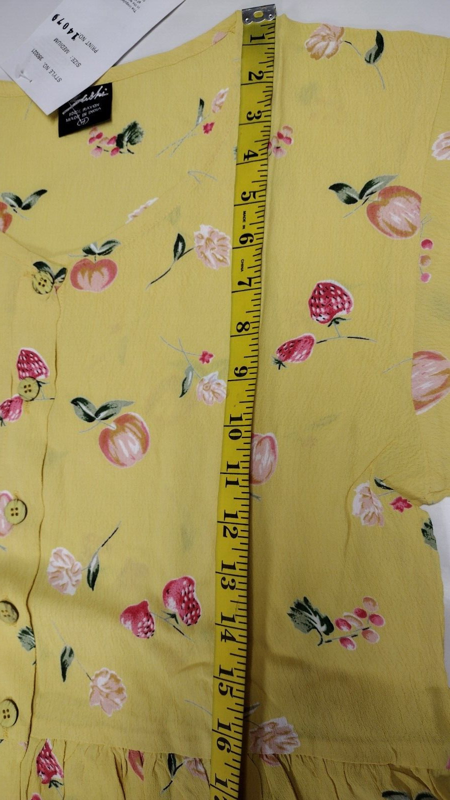 90s Rayon Yellow Dress Granny Apples Strawberry Print Country Easter Spring M