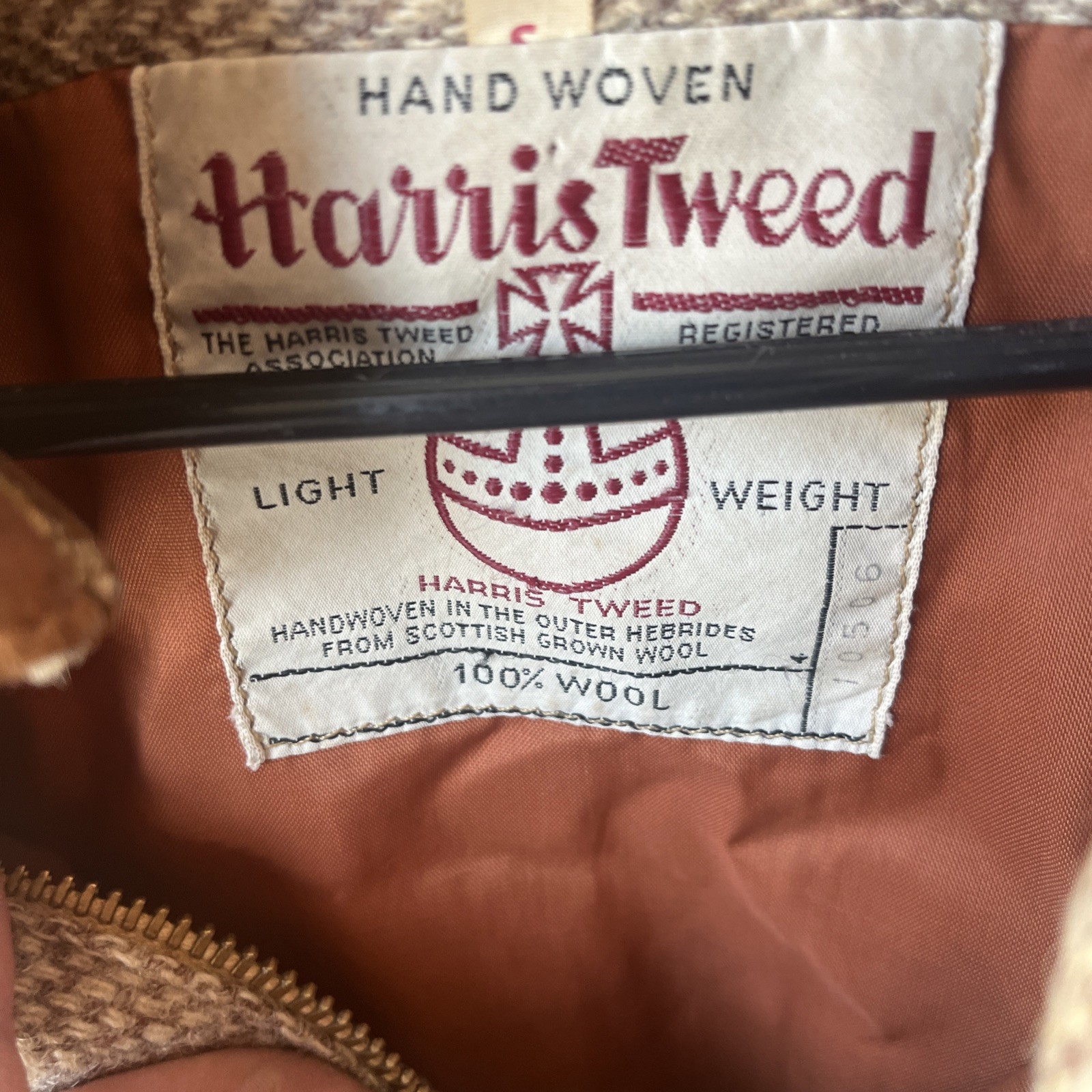 Vtg Harris Tweed Wool Jacket Size S Brown Leather Elbow Patch & Collar Zip READ