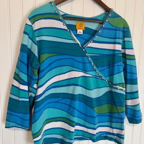Ruby Rd Top XL Blue Excellent Studded V-Neck Abstract Wave Knit