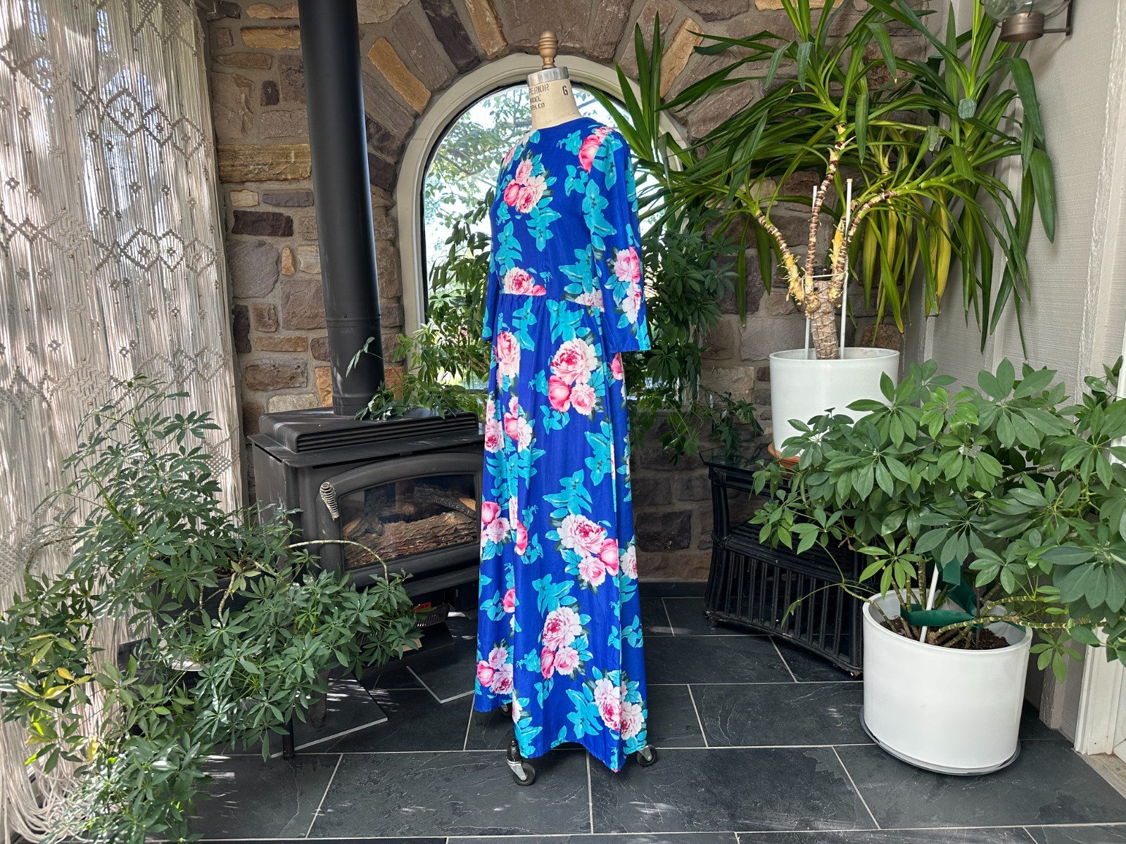 Vintage 1980s Blue and Pink Floral Summer Maxi Dress