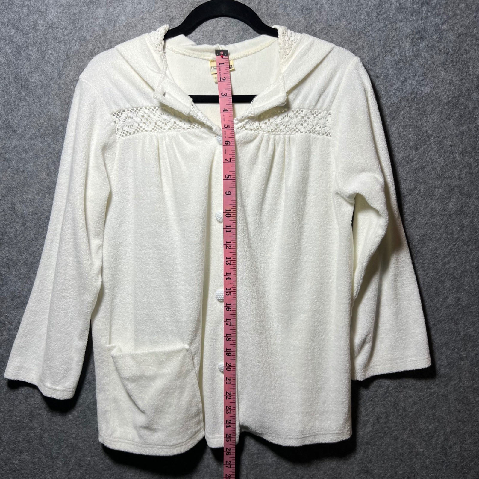 Vintage Sears White Terry Cloth Hooded Cardigan Crochet Lace M Ivory Loungewear