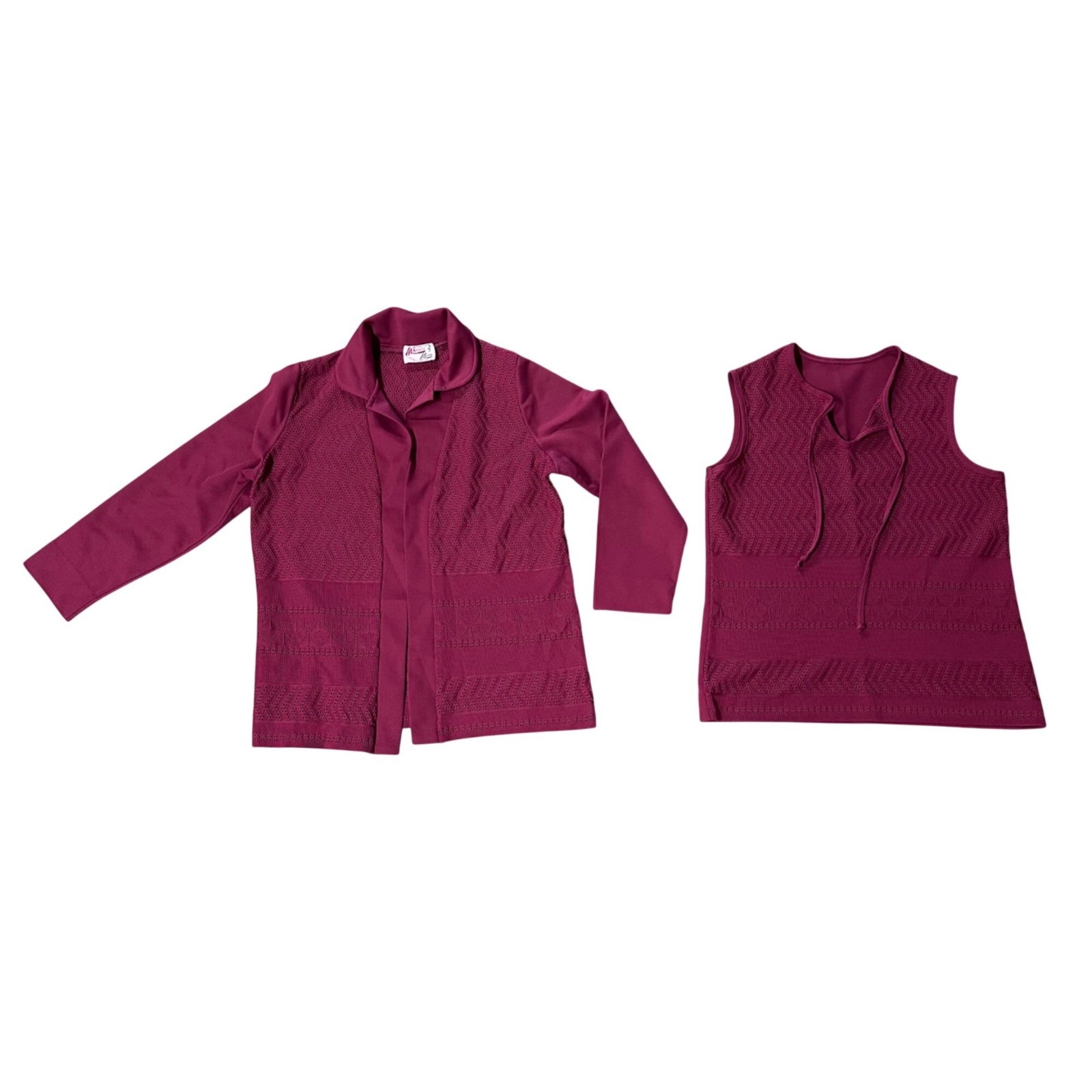 Vintage Shirt Open Cardigan Set Manicotti Knits 70s Maroon Burgundy Polyester