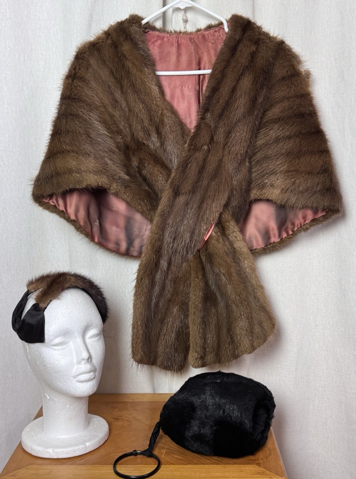 Vintage Mink Fur Stole Head Band & Hand Muff Lot Satin Lined Mid-Century 1950s