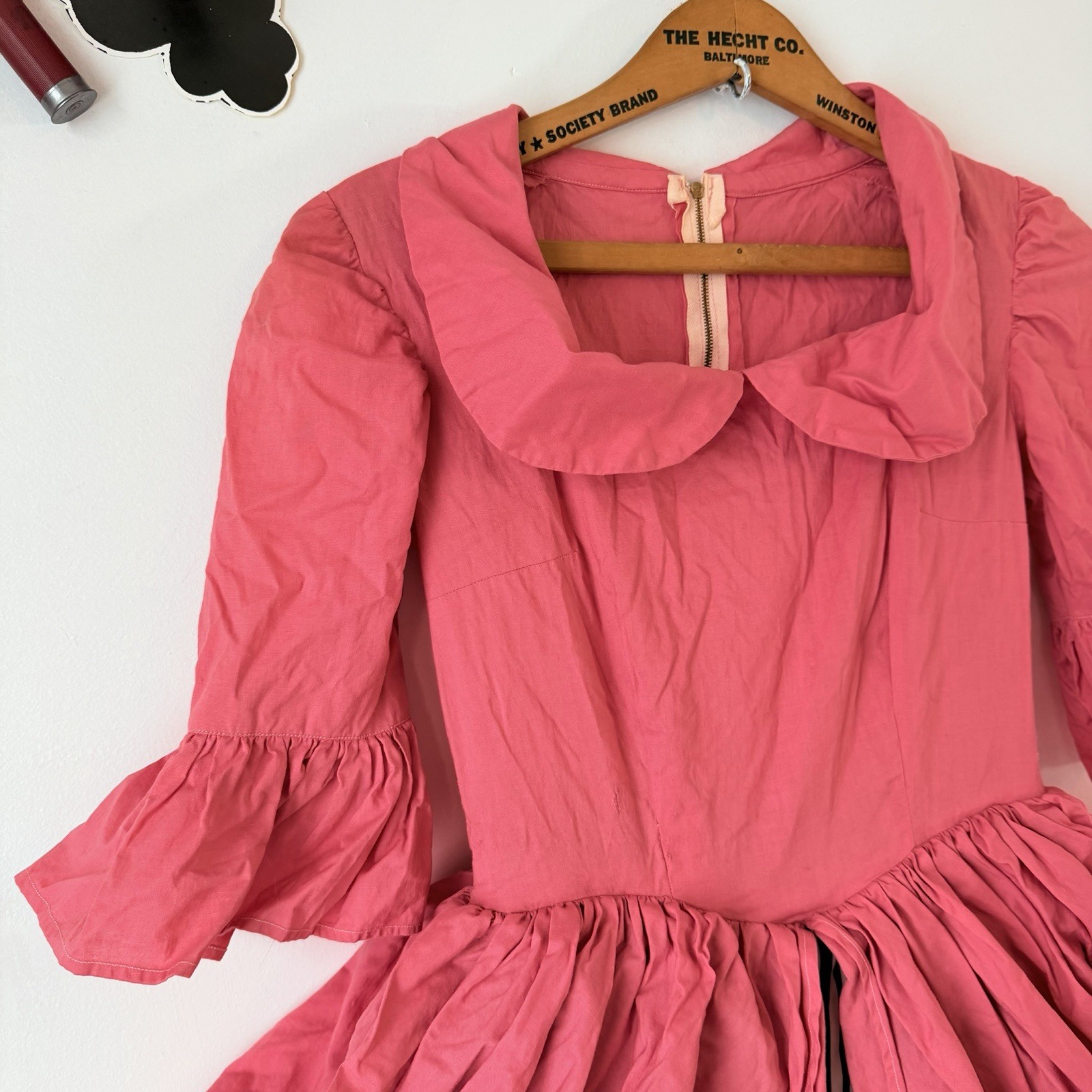 Vintage 1950s Pink Cotton Party Dress Bustle Black White Stripe Carnival Circus