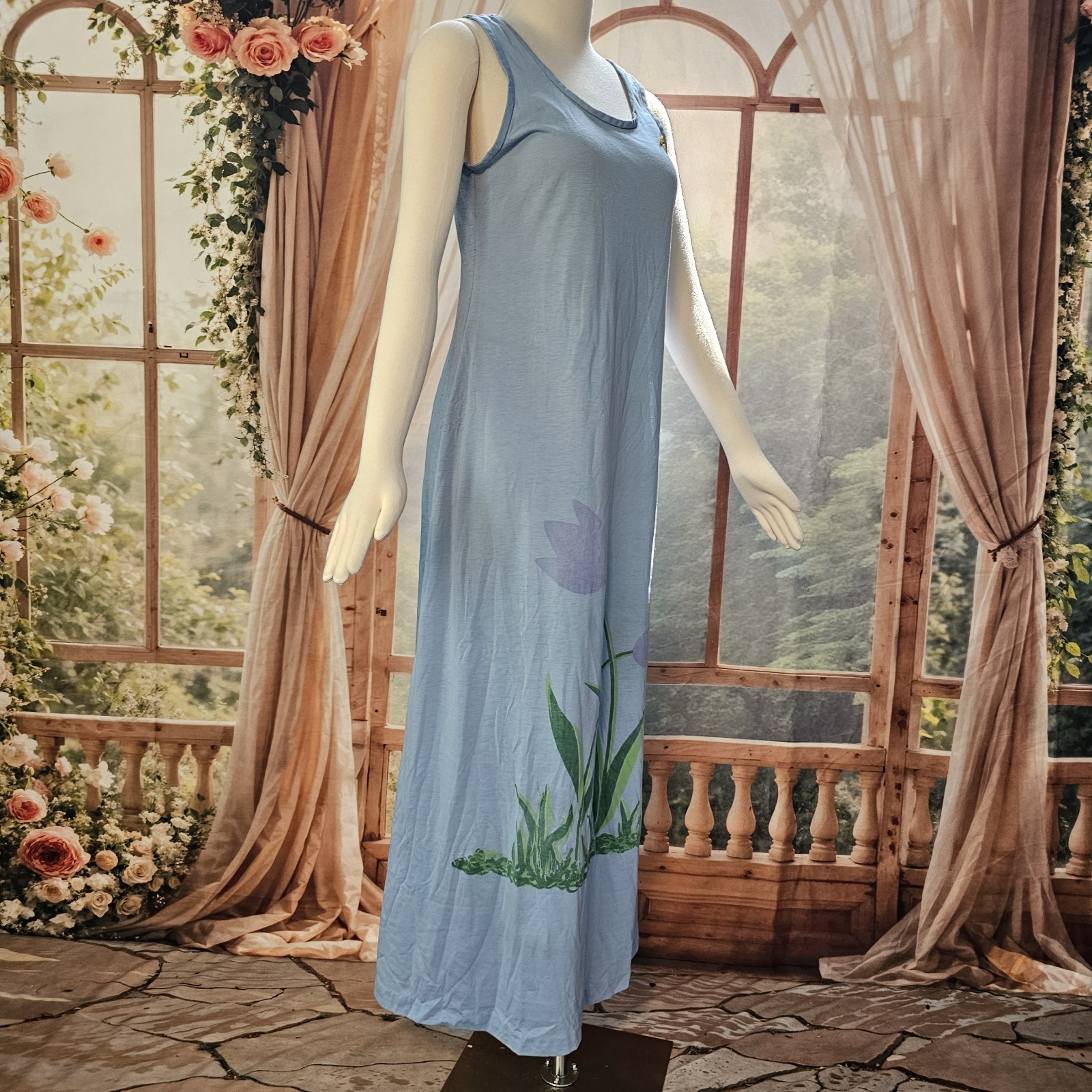 Vintage 1970s Dress Maxi Floor Length Baby Blue Floral Bee Patch Sleeveless Tank