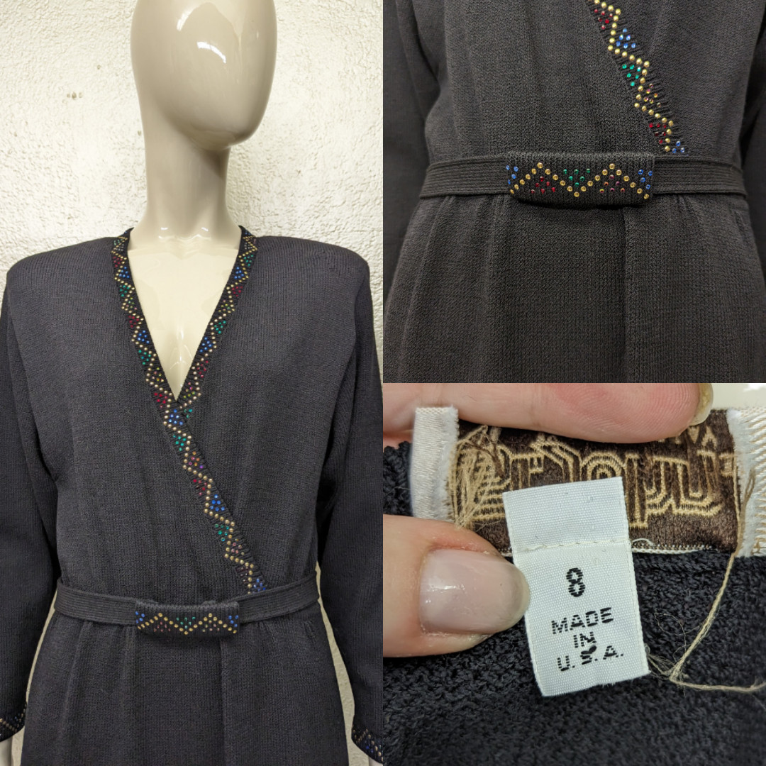 Vintage 1970s Ladies ST JOHN MARIE GRAY Black Knit Sweater Dress Studded w/Belt