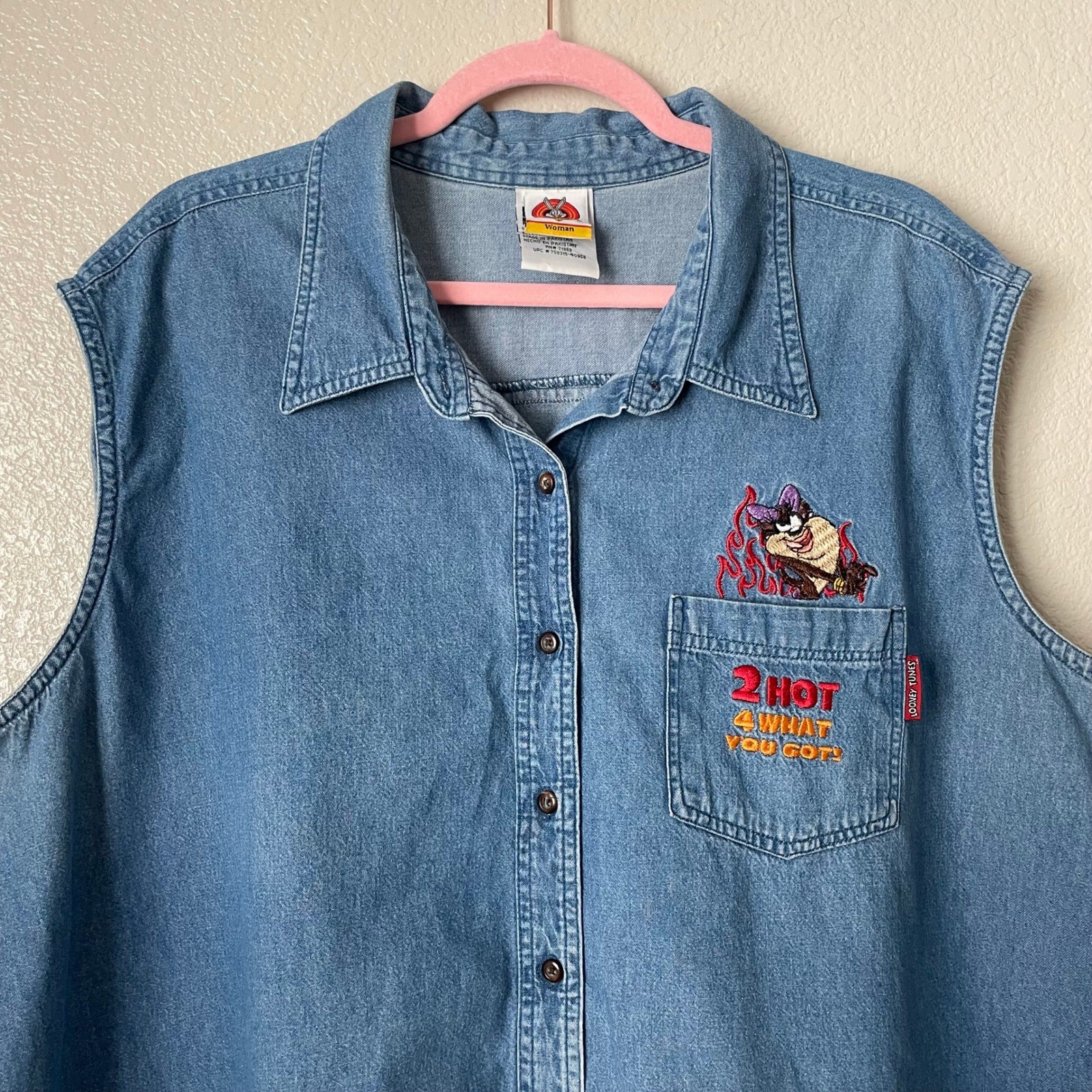 Vintage Looney Tunes Taz Denim Vest Button Down Sleeveless Plus 26/28W Blue Y2K