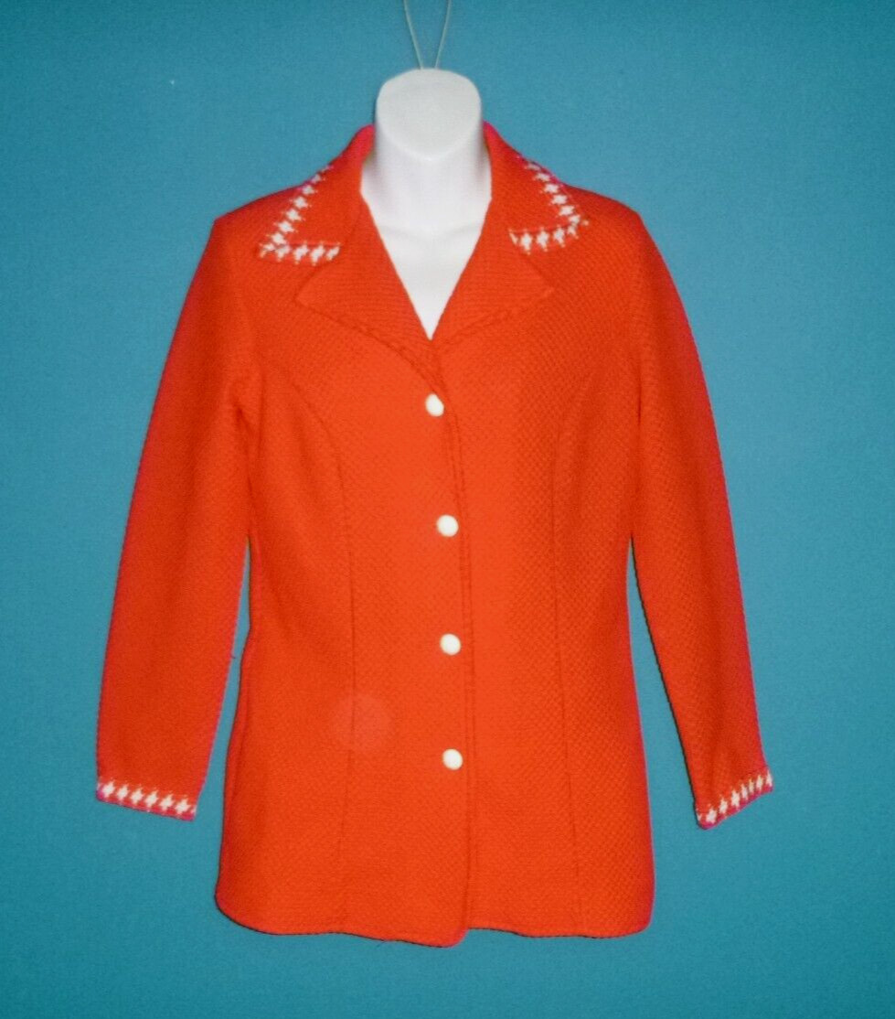 Vtg 70s Koret Red Textured Poly Blazer Jacket Red & White Trim Sz S/M