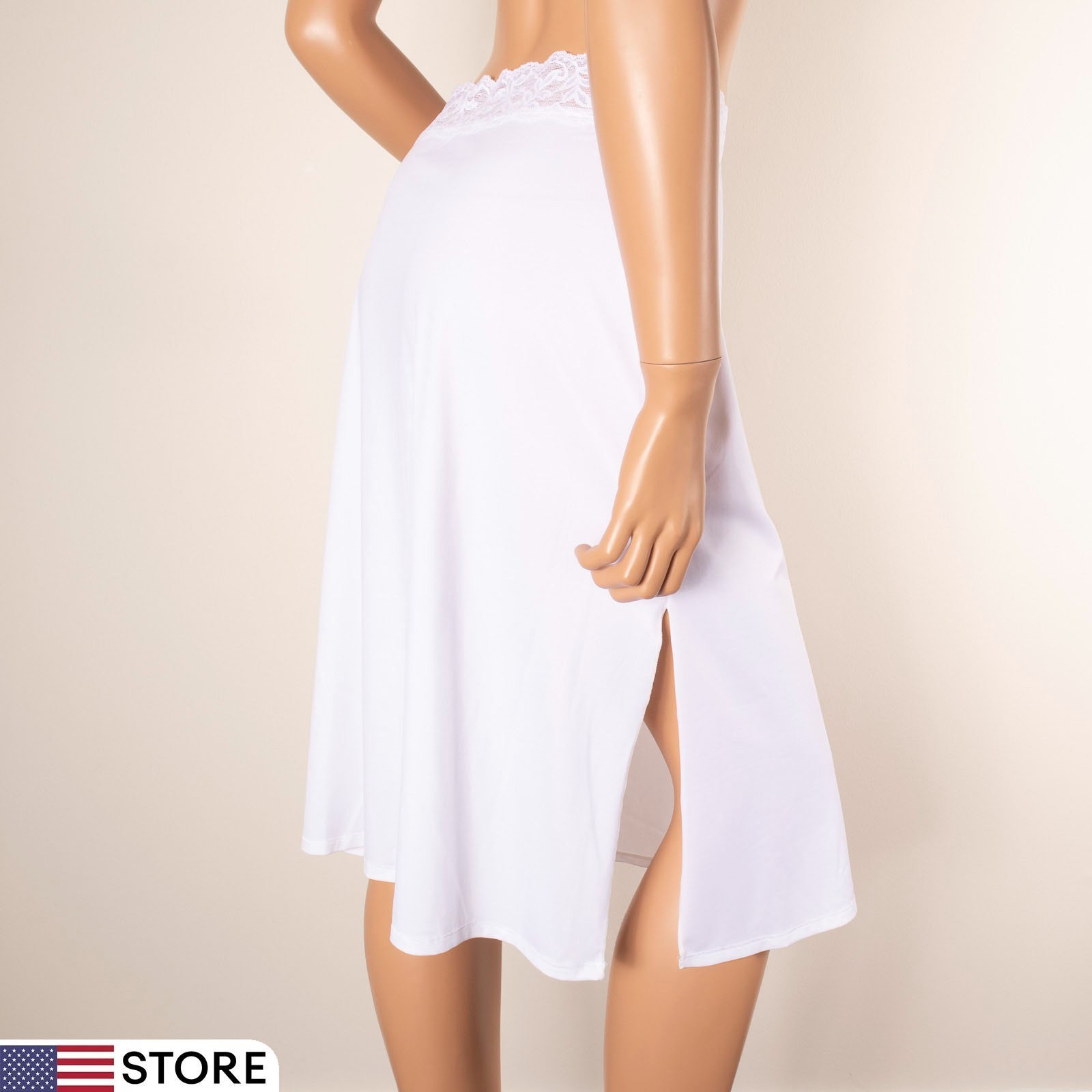 Vtg VASSARETTE White Half Slip Skirt 24″ XL Lace Elastic Waist Side Slit