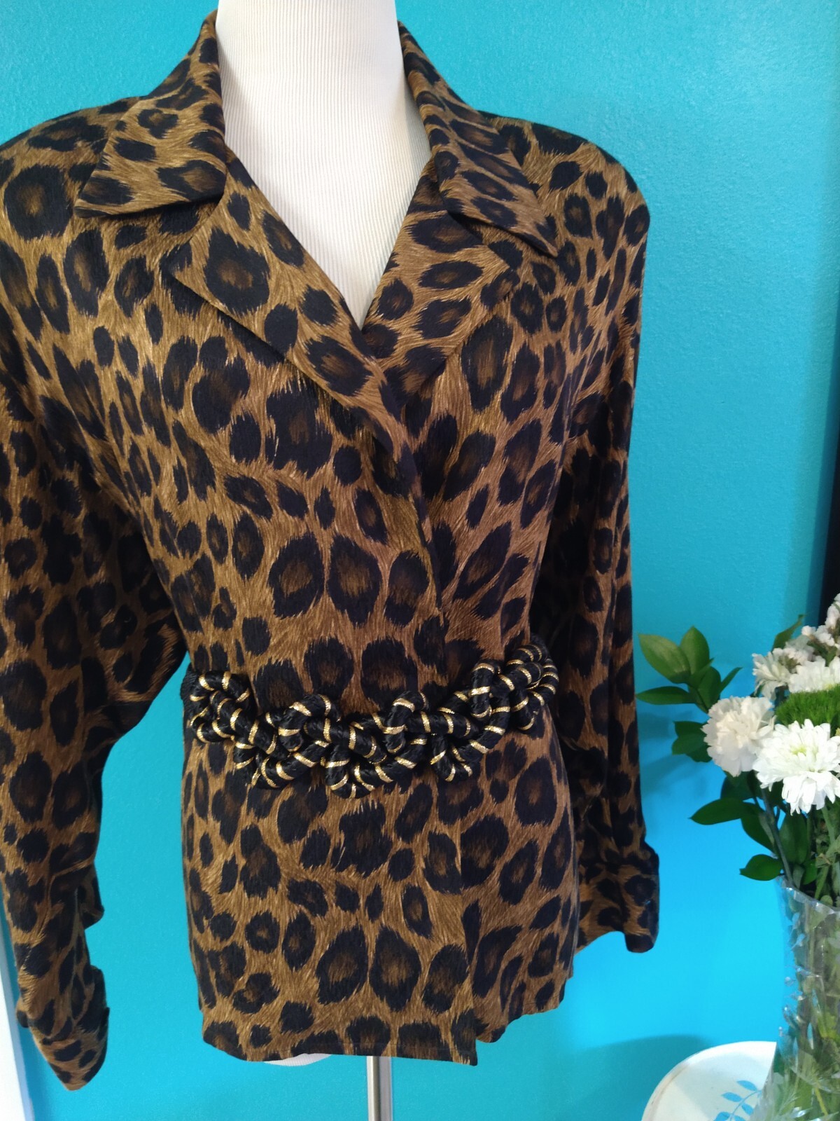 Vintage Anne Klein Silk Jacket 1980s Animal Print, Leopard Blazer Large