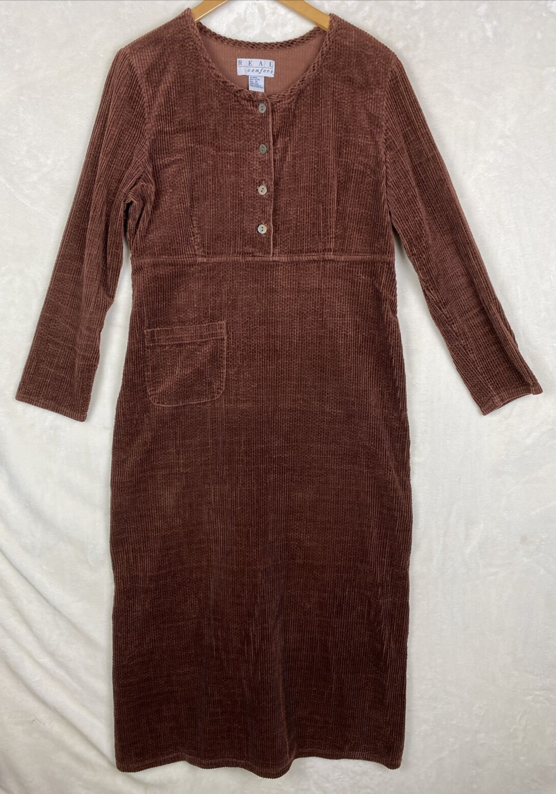 VTG 90/Y2K Real Comfort Corduroy Dress Womens 10 Brown Thick Heavy Pocket Midi
