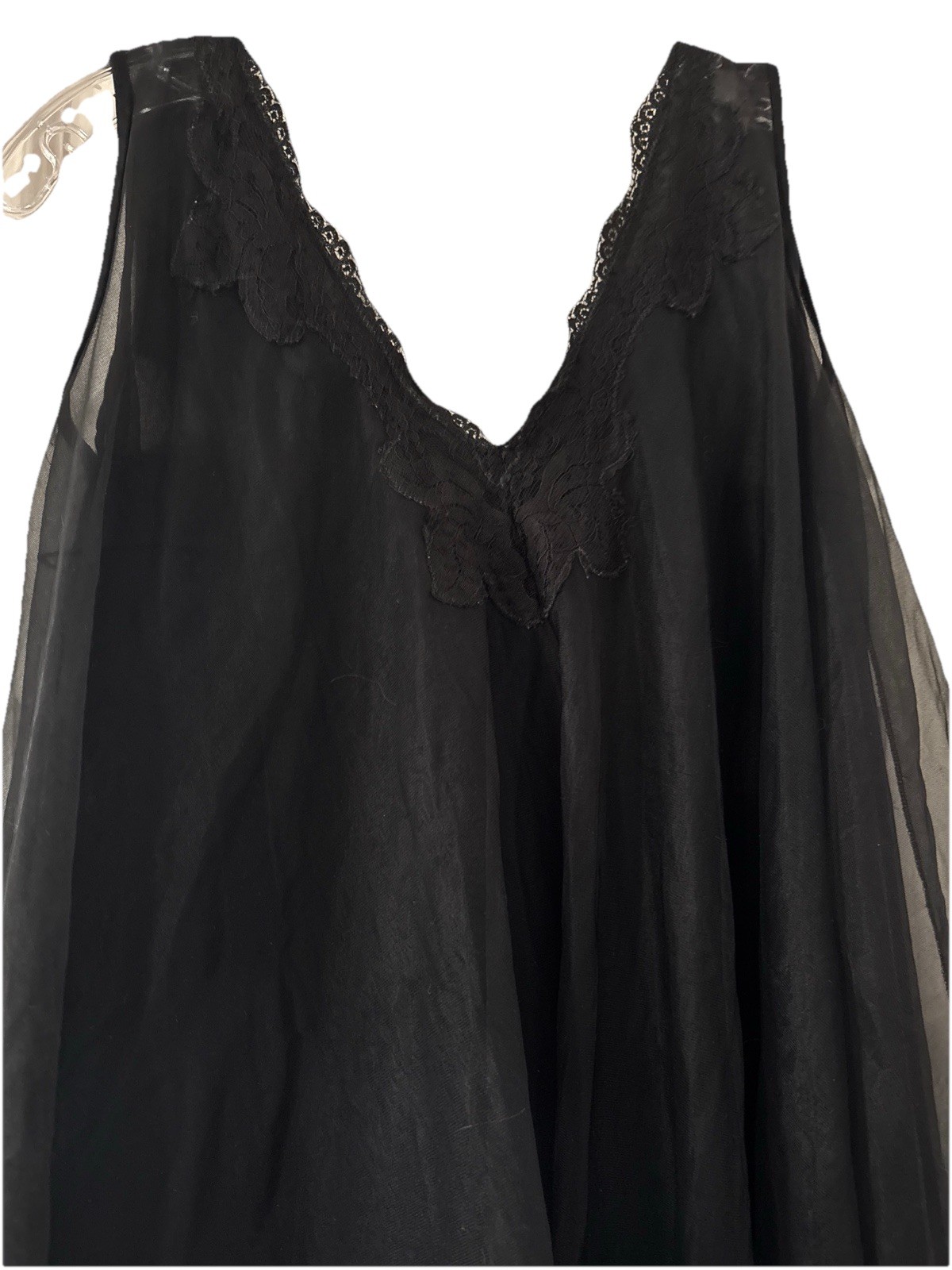 Vintage 60s 70s Black Chiffon Peignor Babydoll Nightgown Size Small Sheer Lace